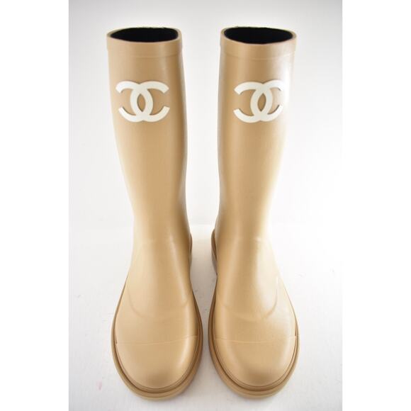 Chanel REV Beige White Wellington Wellies CC Logo Pull On Rubber Rain Boots 41 - Picture 6 of 16
